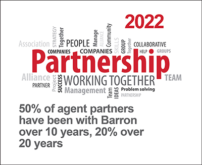 50% of agent partners have been with Barron over 10 years, 20% over 20 years